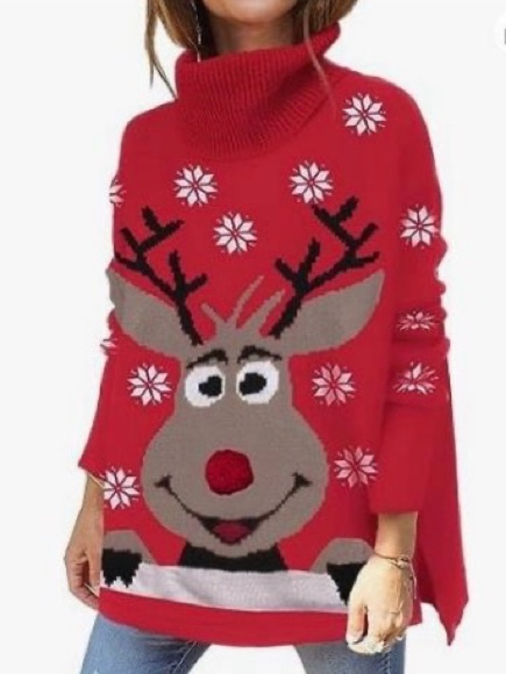 Women’s Holiday Red Reindeer Turtleneck “Ugly” Sweater by Illusory